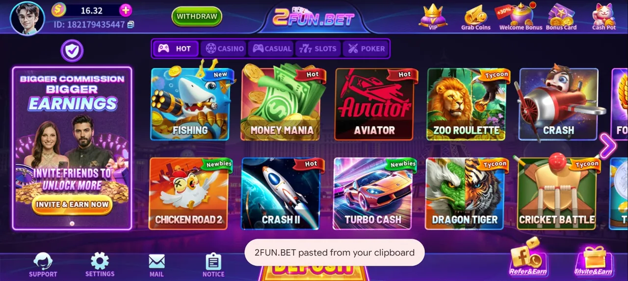 2fun bet game lobby showing Fishing, Money Mania, Aviator, Crash and Dragon Tiger tiles in the 2 fun bet app